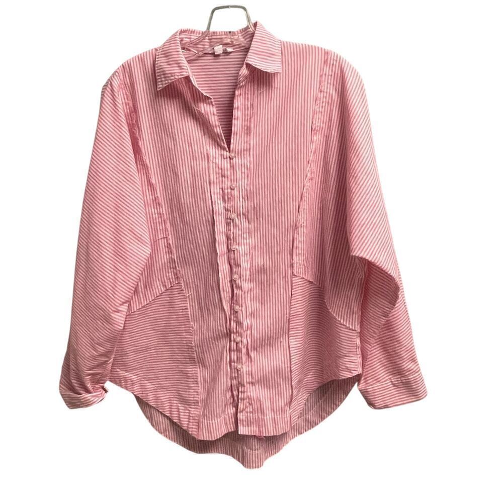 Gee Gee Pink Striped Shirt Button Down Lightweight Raw Hem Size Small